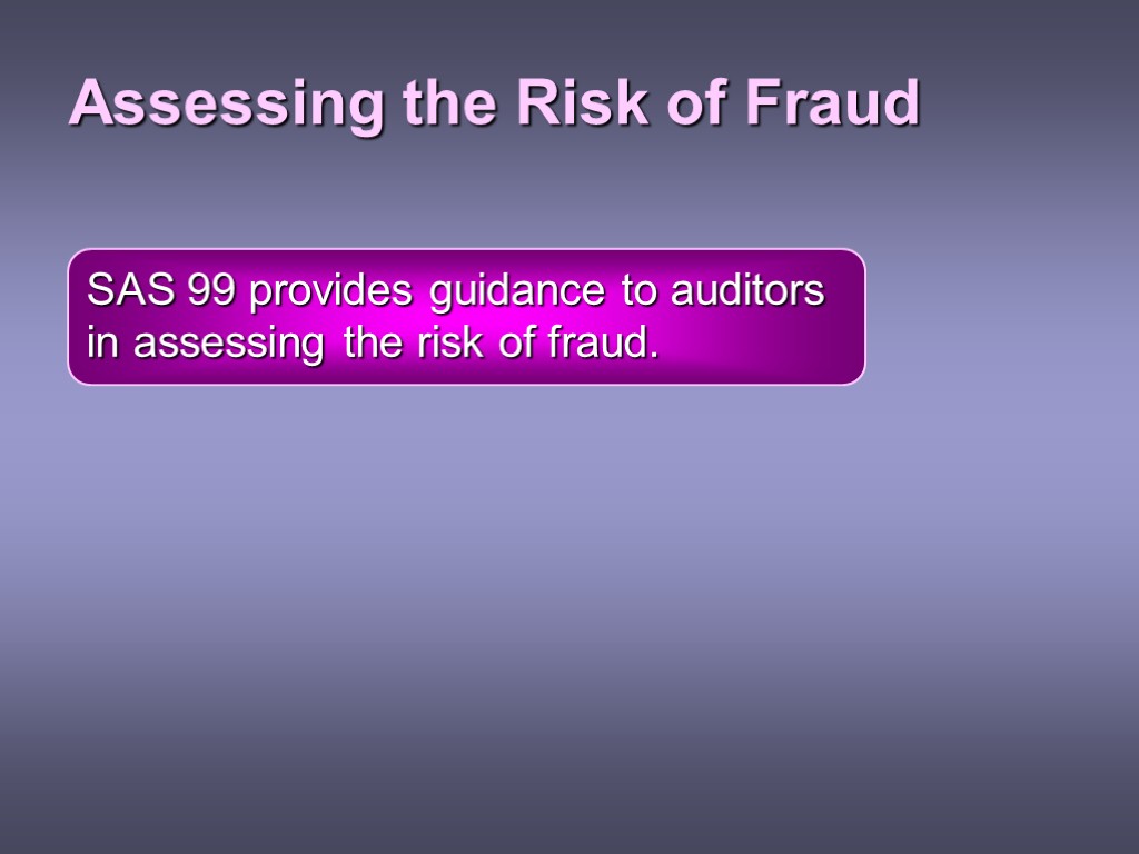 Assessing the Risk of Fraud SAS 99 provides guidance to auditors in assessing the